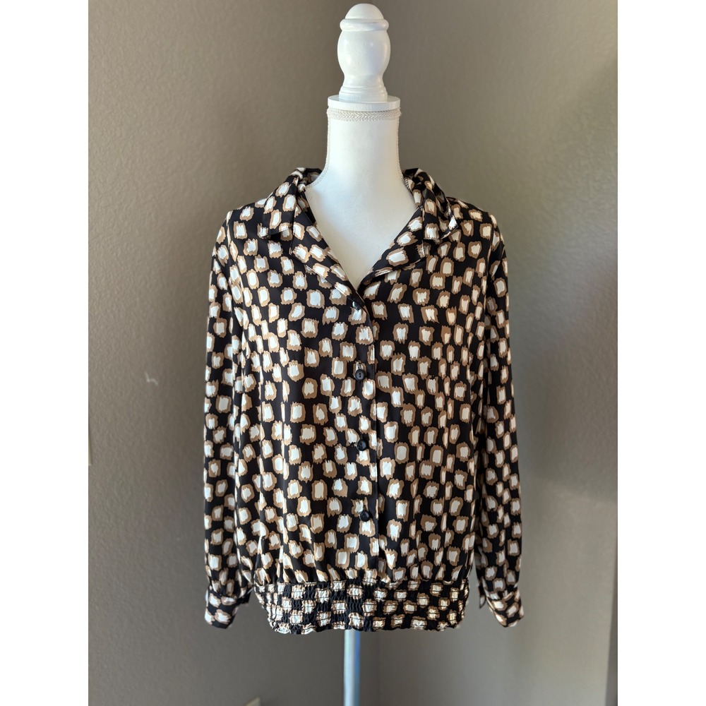 Lauren Lee Vintage Womens Brown Black Abstract Button Front Smocked Waist Blouse